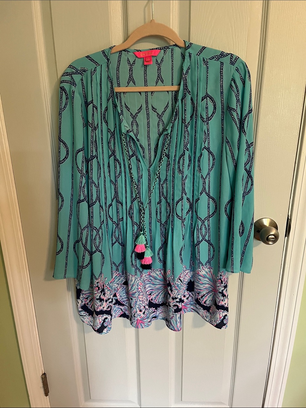Lilly Pulitzer Aqua Tunic with Navy Rope Motif and Pink Tassels